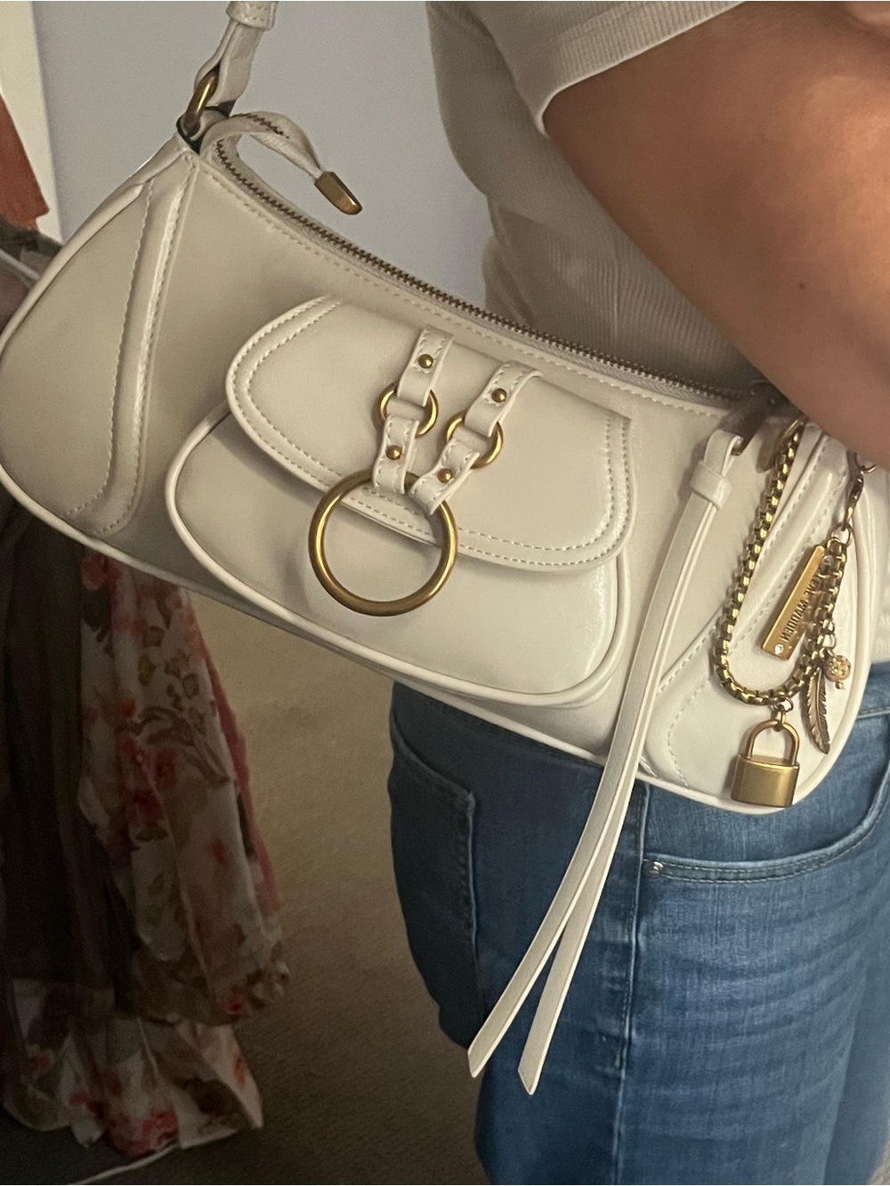 Cream Shoulder Bag with Gold Ring Accent